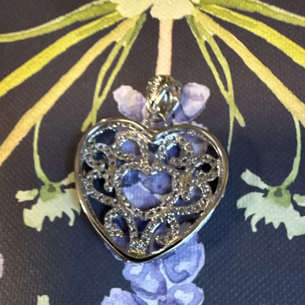Silver Tone Heart Charm Pendant, Pavé Round White Cubic Zirconia Love